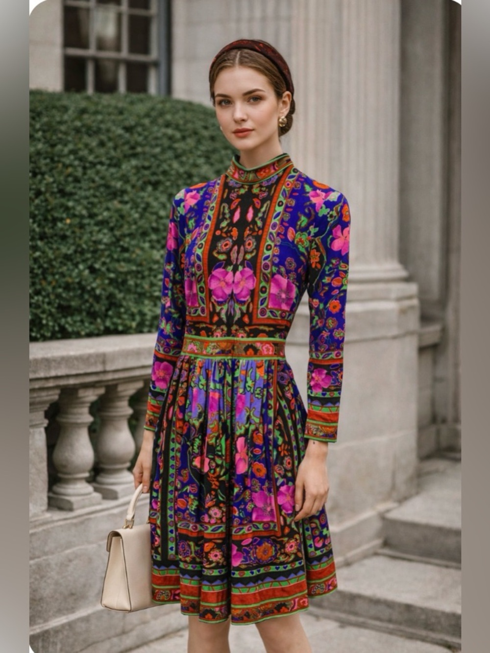 VTG Leonard Fashion Paris Dress XS Wool Silk Blend Statement Floral European